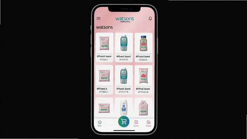 A clean mobile app interface of Watsons, product grid layout, shopping cart icon at bottom center, background gradient from light pink to white, colour_palette: #FFB6C1, #FFFFFF, #FFC0CB, #E6E6FA