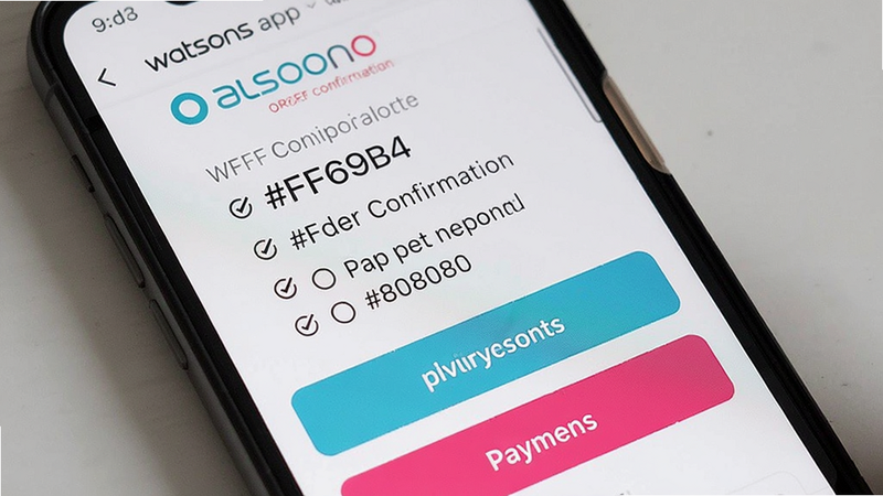 Watsons app order confirmation screen, with payment options displayed, background white, colour_palette: #FFFFFF, #FF69B4, #808080