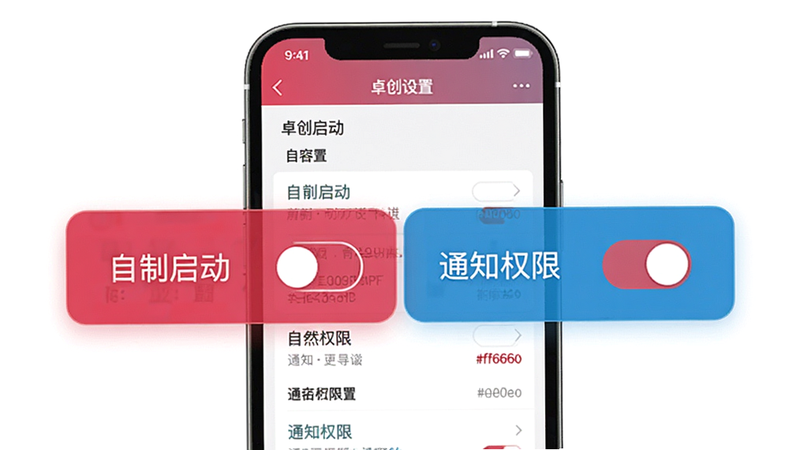 卓创资讯使用教程示意图,手机上显示设置页面,突出自启动和通知权限开关,背景为白色,配色方案:#ff6666, #3399ff, #e0e0e0