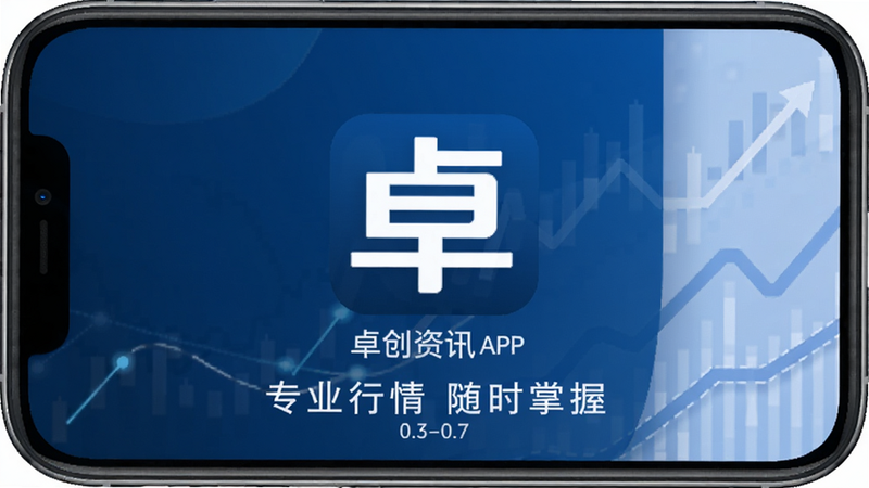 卓创资讯 APP 启动页,中央为软件Logo,背景深蓝色渐变,下方显示“专业行情 随时掌握”,坐标中0.3-0.7,背景0-1,配色方案 #003366, #ffffff, #e6f2ff