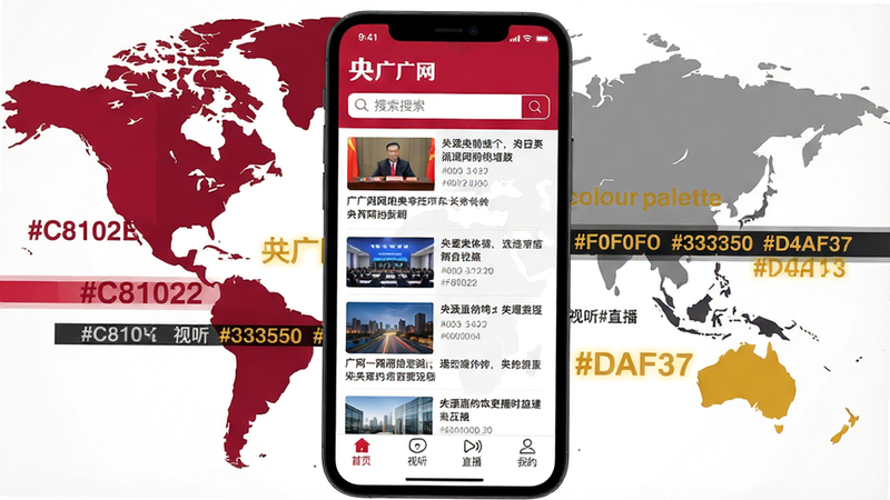 画面主体:央广网APP首页界面,上方显示“央广网”LOGO及搜索框,中间为新闻列表缩略图,底部导航栏清晰标有“首页”“视听”“直播”“我的”。背景为抽象的世界地图轮廓和新闻头条文字剪影。colour_palette: #C8102E, #FFFFFF, #F0F0F0, #333333, #D4AF37
