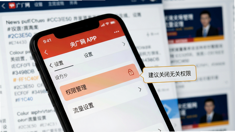 画面主体:手机屏幕上显示央广网APP的设置页,突出“权限管理”和“流量设置”选项,旁边有一个小提示框写着“建议关闭无关权限”。背景为模糊化的新闻排版界面。colour_palette: #2C3E50, #E74C3C, #ECF0F1, #3498DB, #F1C40F