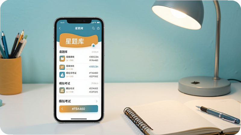 ����һ��չʾ�����App�������ͼƬ���ֻ���Ļ��ʾ����б���ģ�⿼����ڣ�����Ϊ�����ѧϰ����������̨�ƺͱʼǱ���colour_palette: #2B5C8A, #F4A460, #FFFFFF, #E8F0FE�������������꣺�ֻ�λ������ƫ�󣬱������Ҳ���Ϸ���