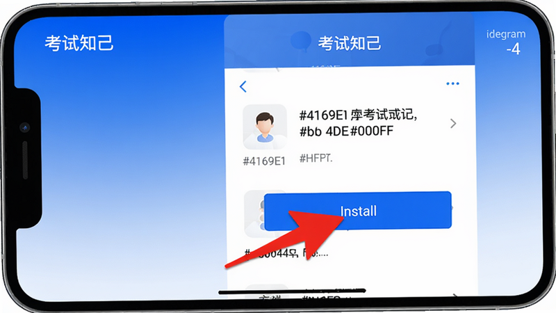 A screenshot of the installation process of ����֪�� on a phone, showing the 'install' button with a red arrow pointing to it. Background is a gradient of blue to white. Colour palette: #4169E1, #FFFFFF, #B0C4DE, #0000FF. Use ideogram-4 model.