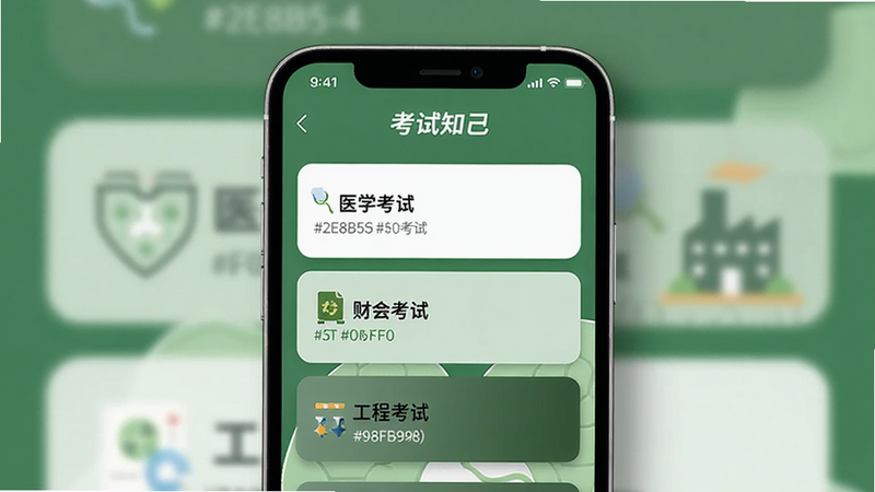 A mockup of the '����֪��' app home screen on a smartphone, showing categories like 'ҽѧ����', '�ƻῼ��', '���̿���' with a green background. The phone is centered, with a soft shadow. Colour palette: #2E8B57, #FFFFFF, #F0FFF0, #006400, #98FB98. Use ideogram-4 model.