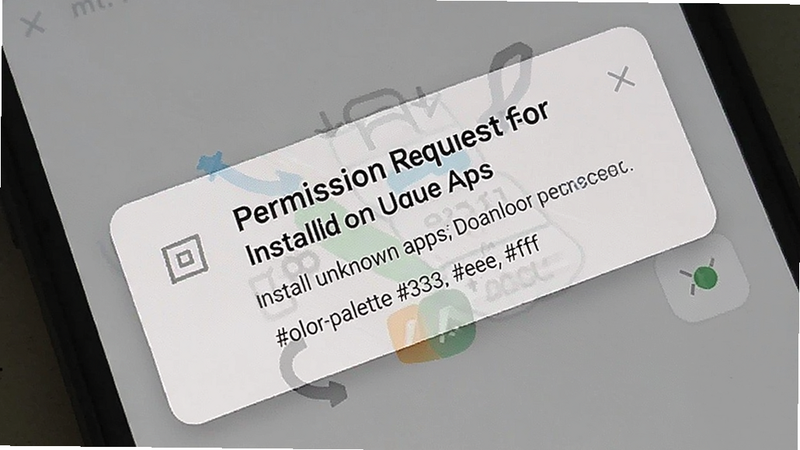 A mobile phone screen showing the permission request dialog for installing unknown apps, with a grey background, colour_palette: (#333, #eee, #fff)