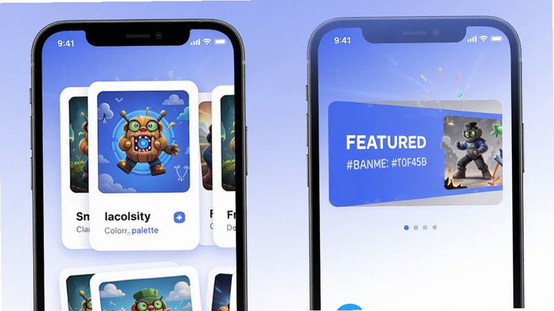 A clean mobile app interface showing game cards on the left and a featured banner on the right, background gradient from #1a73e8 to #ffffff, colour_palette: (#1a73e8, #ffffff, #f0f4ff)