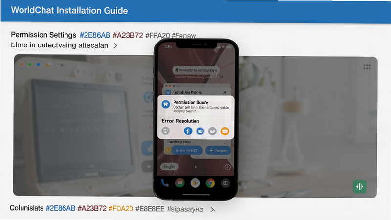 WorldChat installation guide screenshot showing permission settings and error resolution, coordinates: center smartphone with permission dialog, colour_palette: #2E86AB #A23B72 #F0A202 #E8E8E8