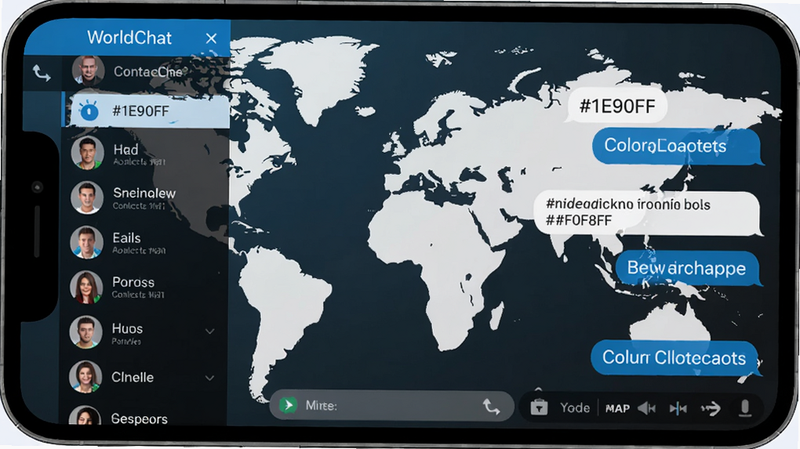WorldChat app interface showing a chat screen with a world map background, coordinates: left side contact list, right side chat bubbles, colour_palette: #1E90FF #FFFFFF #F0F8FF #333333