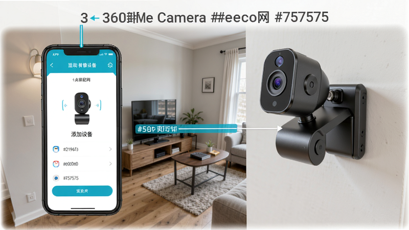 360摄像机 安装配网步骤图解,主体为手机APP添加设备界面与摄像头实际安装位置,背景为家庭房间一角,配色方案 #2196f3,#ffffff,#e0e0e0,#757575