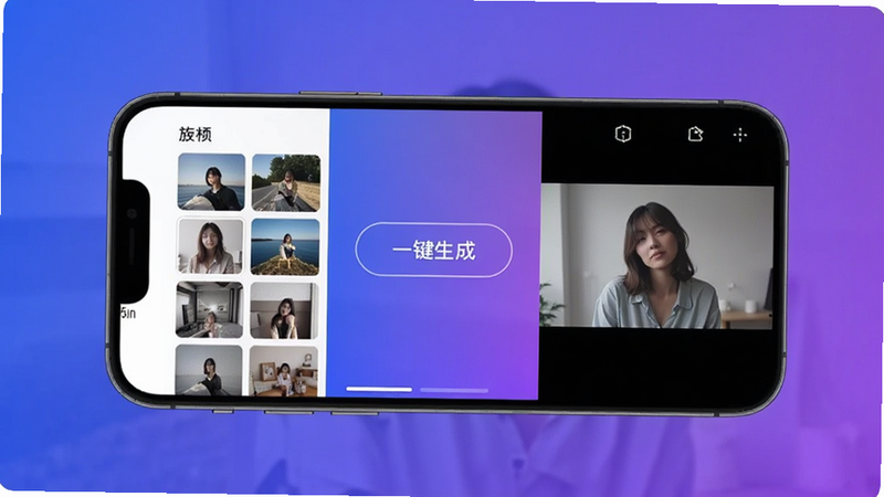 手机屏幕展示一键成片应用界面,中央有