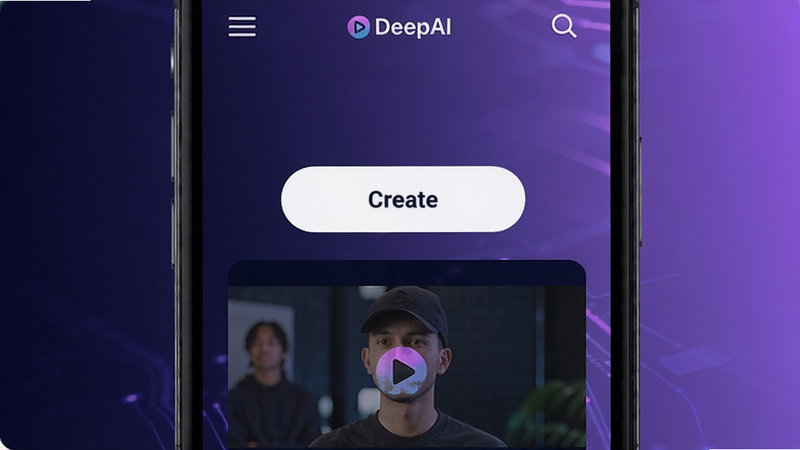ideogram-4: A close-up of a smartphone screen displaying a DeepAI video generation app interface, with a central 'Create' button and a sample video preview, background is a gradient from deep navy to violet, colour_palette: #0b0f2e, #1a237e, #283593, #7c4dff, #b388ff. �������弯�����ֻ���Ļ���ģ�����Ϊ��ɫ����ɫ������Ƽ��С�