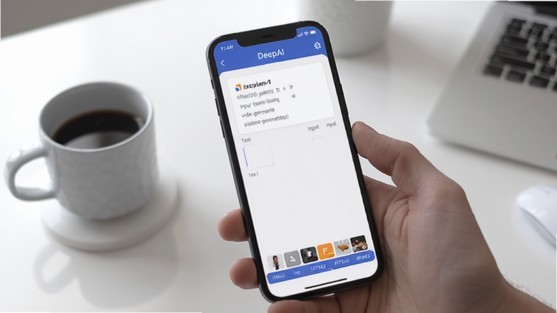 ideogram-4: A step-by-step tutorial screenshot of the DeepAI video generation app showing the text input screen, with a phone in hand, background is a clean white desk with a coffee cup, colour_palette: #ffffff, #e0e0e0, #f5f5f5, #1976d2, #ff9800. ����չʾ�ֻ��ϵ�������棬��Χ�칫������ǿ�������ԡ�