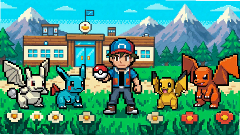 A vibrant pixel-art world with a trainer holding a Poké Ball, surrounded by various Pokémon, foreground has grass and flowers, background shows a Pokémon Center and mountains, colour_palette: #3a7bd5, #00d2ff, #f5f5f5, #2ecc71, #ff6b6b