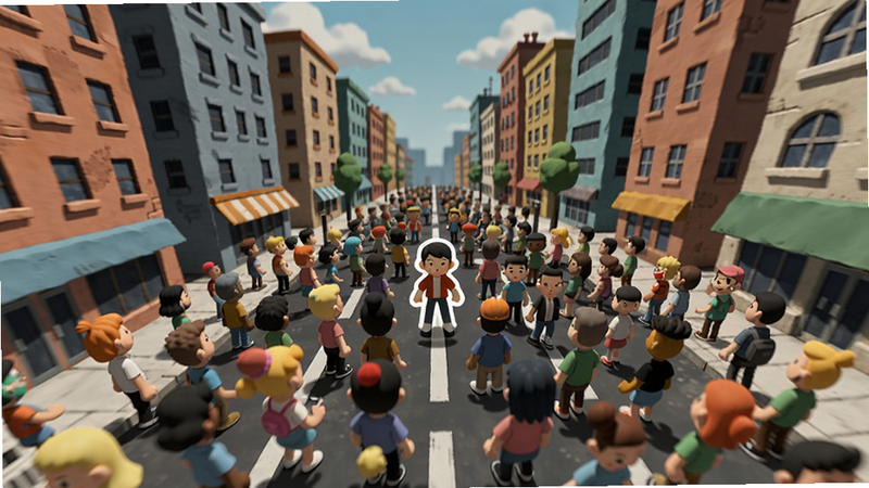 A vibrant overhead view of a city street filled with a massive crowd of colorful characters, the player's character highlighted in the center, surrounded by tall buildings and a blue sky, colour_palette: #ff6b6b,#4ecdc4,#45b7d1,#f9ca24,#2d3436