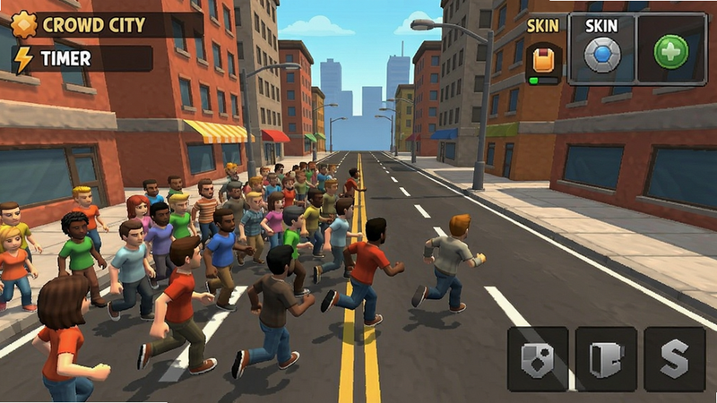 Screenshot of Crowd City game showing a large crowd chasing an opponent on a city street, with UI elements displaying score, timer, and skin selection, colour_palette: #e74c3c,#3498db,#2ecc71,#f1c40f,#34495e