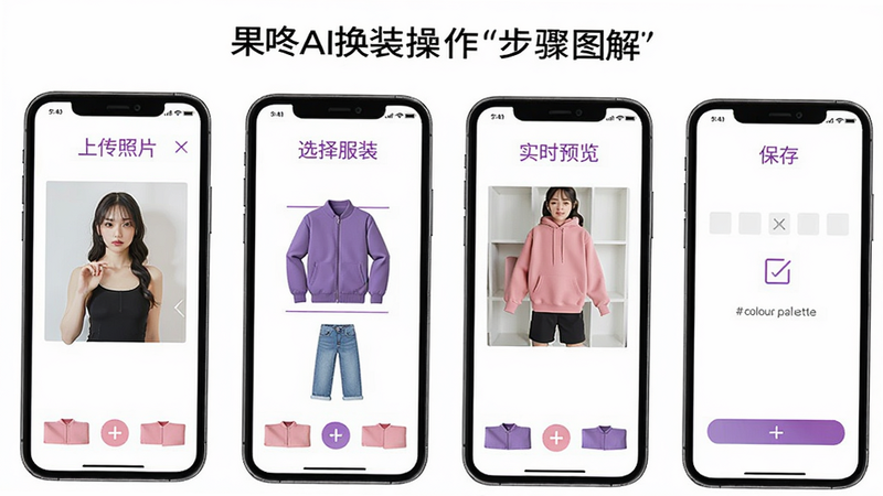 果咚AI换装操作步骤图解,画面分为四个步骤:上传照片、选择服装、实时预览、保存。主体为手机界面截图风格,背景纯白,colour_palette: #ffffff, #f0a0c0, #3050b0, #d0d0d0