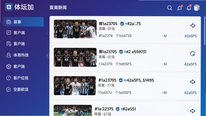 体坛加体育新闻客户端主界面,左侧菜单栏,右侧赛事列表,背景深蓝色渐变,配色方案 #1a237e #0d47a1 #42a5f5 #ffffff