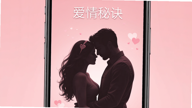 A mobile app interface titled '�����ؾ�' with a romantic couple silhouette on a soft pink background, centered composition, colour_palette: #FFB6C1, #FF69B4, #FFF0F5, #FFC0CB, #E6E6FA
