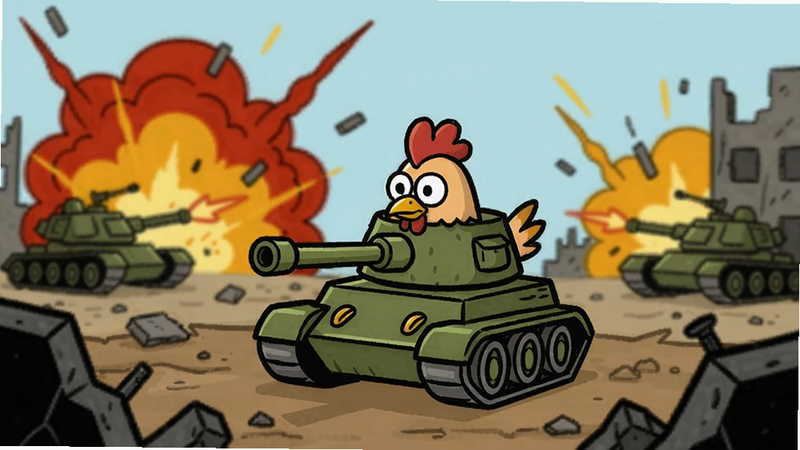 A cartoon chicken in a mini tank, foreground, battlefield background with explosions and debris, colour_palette: #FF6347,#32CD32,#2F4F4F,#FFD700