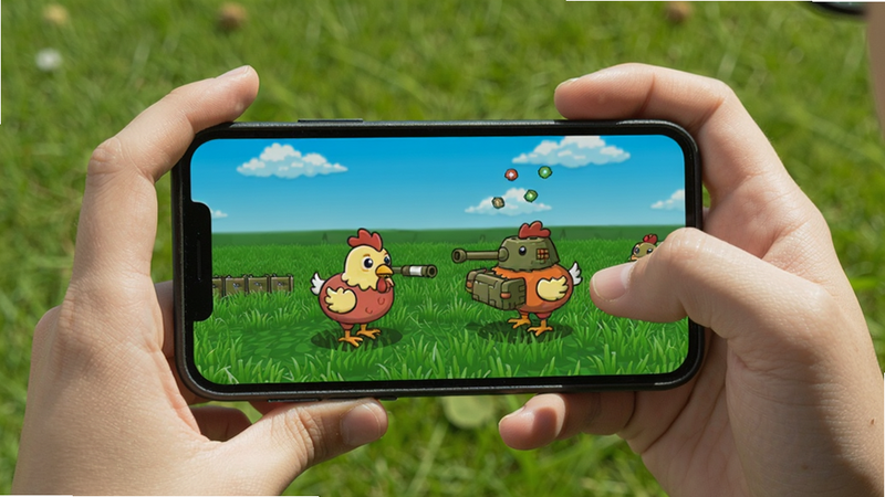 A player holding a phone, screen showing chicken tank battle, background with green grass and blue sky, colour_palette: #87CEEB,#228B22,#FFFFFF,#FF4500