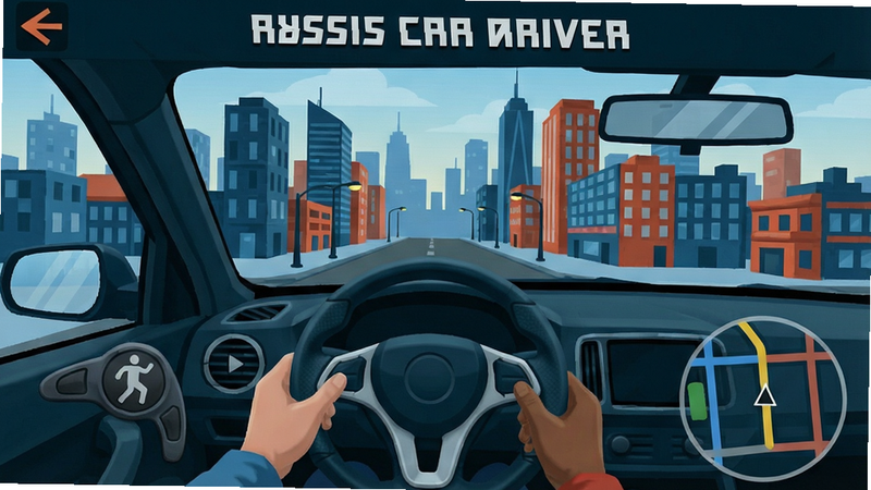 Russian Car Driver game interface showing steering wheel controls and minimap, central urban background, palette #2c3e50 #3498db #e74c3c #ecf0f1