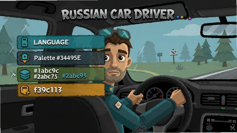 Russian Car Driver game menu showing language selection, palette #34495e #1abc9c #2ecc71 #f39c12