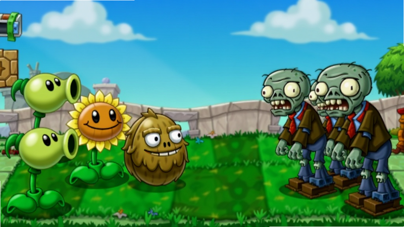 A panoramic view of Plants vs. Zombies: New Guide Edition game, featuring iconic plants like Peashooter, Sunflower, and Walnut on the left side, zombies approaching from the right, green grassy lawn background, blue sky, colour_palette (#4CAF50, #8BC34A, #FFC107, #795548, #2196F3)