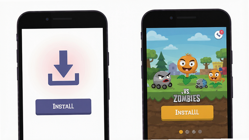 Step-by-step installation guide for Plants vs. Zombies New Guide Edition on Android phone, showing download icon, install button, and game loading screen, minimalist flat design, colour_palette (#E91E63, #3F51B5, #FFEB3B, #FFFFFF)