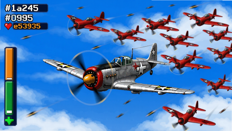 ��ս1945(��ǿ��)��Ϸ��ͼ������������һ����ɫ������ս����������Ϊ������ƺ��ܼ��ĺ�ɫ�л�Ⱥ������з���������ֵUI��ɫ�ʴ���ʹ�� #1a237e (����)��#ff9800 (��)��#ffffff (��)��#e53935 (��)��#4caf50 (��)
