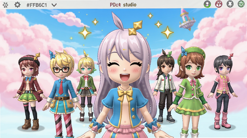 A full scene of Gacha Studio game interface, featuring multiple anime-style characters dressed in colorful outfits, standing in a bright fantasy background with pink clouds and golden sparkles, the main character in the center with a big smile, colour_palette: #FFB6C1, #87CEEB, #FFD700, #98FB98, #FF69B4