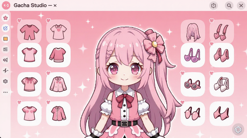 A vibrant scene showing Gacha Studio character creation interface with a cute anime girl in center, surrounded by clothing and accessory icons, background is a soft pink gradient. Colour palette: #FFB6C1, #FF69B4, #FFFFFF, #FFC0CB.