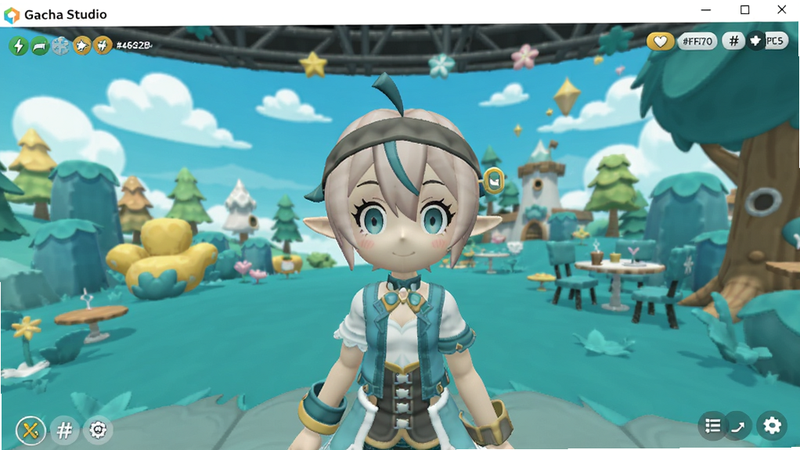 Gacha Studio game screenshot showing a character in studio mode with a scene background, colour palette: #87CEEB, #FFD700, #FFFFFF, #4682B4.