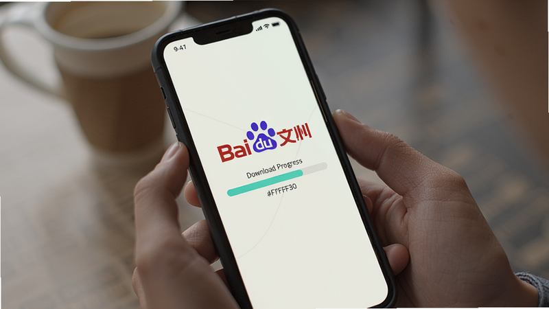 A person holding a phone showing Baidu Wenku download progress bar, realistic style, colour_palette: #FF6B6B, #4ECDC4, #292F36, #F7FFF7
