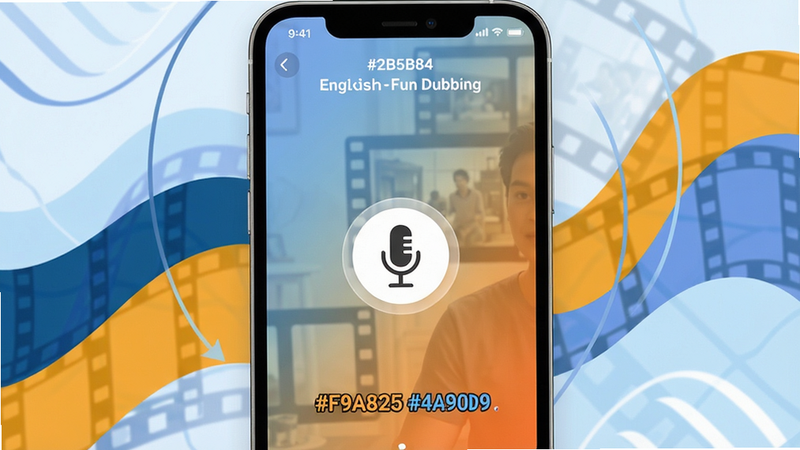 ideogram-4-fp8 ��ͼ��ʾ�ʣ�A vibrant smartphone screen showing the English Fun Dubbing app interface with a movie clip dubbing scene, a microphone icon in the center, colorful subtitles at bottom, background gradient from soft blue to warm orange. The scene should emphasize the app's core function of dubbing videos for English learning. Colour palette: #2B5B84 (deep blue), #F9A826 (orange), #FFFFFF (white), #E8F0FE (light blue), #4A90D9 (medium blue). Place the main subject (phone) at center, background abstract waves.