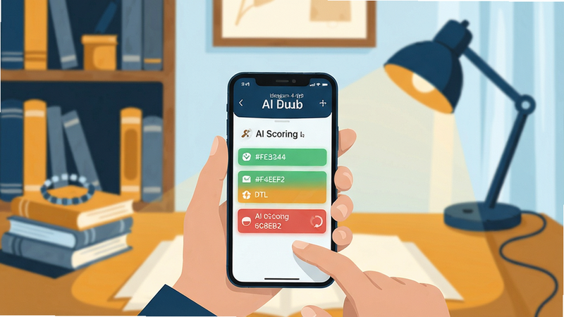 ideogram-4-fp8 ��ͼ��ʾ�ʣ�A clear step-by-step illustration showing a person using a smartphone to dub an English movie clip, with the app interface displaying AI scoring results in green and red highlights. The background shows a cozy study room with books and a lamp. Colour palette: #1E3A5F (dark blue), #FFB347 (amber), #D4E6F1 (ice blue), #6C8EB2 (steel blue), #F4F6F9 (off-white). Position the smartphone at the lower center, with scoring overlay.