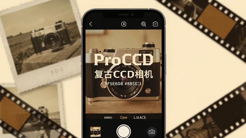 Create a visual overview of the ProCCD����CCD��� app. The image should show a smartphone screen displaying the app's main interface with vintage camera filters. Place the smartphone at the center, with a soft retro background of old photos and film strips. Use a colour_palette of #F5E6D3, #C4A882, #8B5E3C, #3E2723, #FFF8E7. Include the text 'ProCCD����CCD���' on the screen.