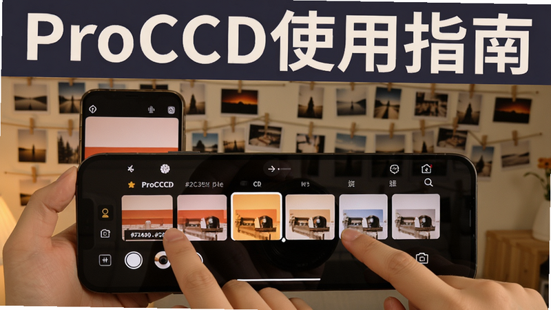 Step-by-step tutorial for using ProCCD����CCD��� app on a smartphone. Show a user hand tapping the filter selection bar on the screen. Background is a cozy room with photo prints. Use colour_palette #2C3E50, #E74C3C, #F1C40F, #ECF0F1, #95A5A6. Include text 'ProCCDʹ��ָ��' on the top.