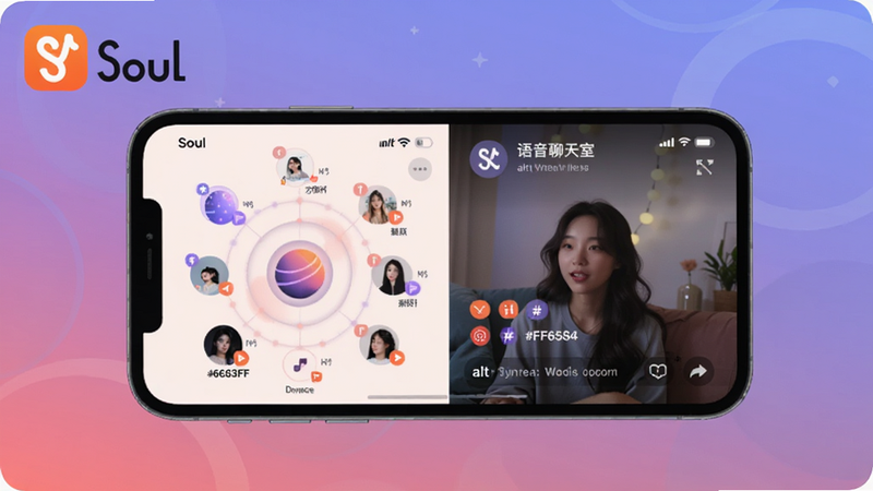 ��������չʾSoul��APP�����ͼ�����Ϊƥ������̬���Ҳ�Ϊ���������ҳ���������������ͽ�������ɫ����ɫ�ʴ���ʹ�� #6C63FF��#FF6584��#F5F5F5��#2D2D2D��ͻ������罻����ܰ�����ظУ����幹ͼ���ֻ���ĻΪ�������ϽǷ���SoulƷ��logo��alt���ԣ�SoulԤ��ͼ
