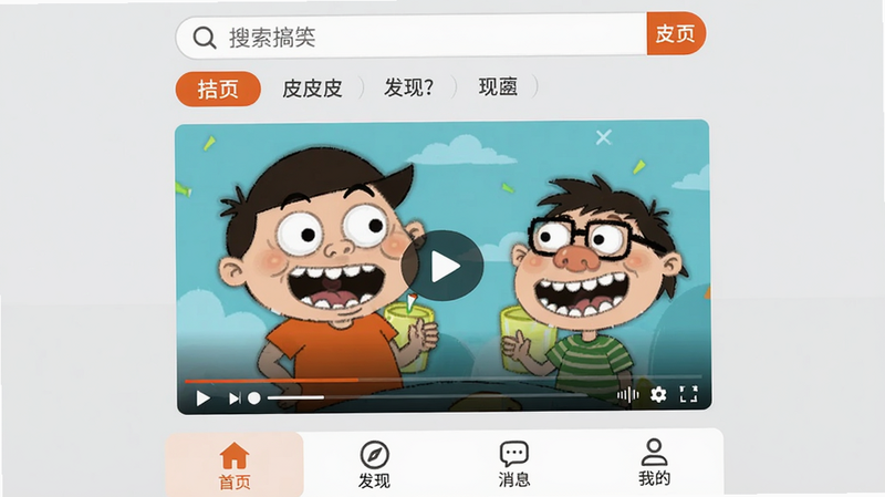 ƤƤ��Ц�������ͼ������������һ����Ц��Ƶ���Ž��棬�������������ͷ����ǩ���ײ�������������ҳ�����֡���Ϣ���ҵ��ĸ�Tab������ʹ��ǳ��ɫ#f0f2f5����ɫ��Ϊ��ɫ#ff6b35�Ͱ�ɫ#ffffff���������ɫ#2d3436���������������
