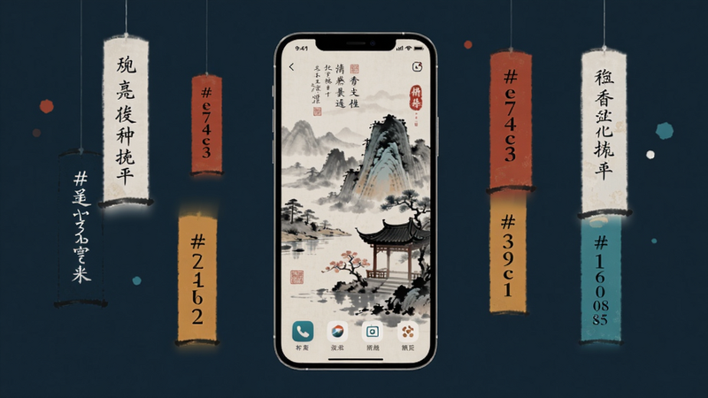 A serene digital illustration of the Xichuangzhu app interface on a smartphone, with classical Chinese poetry verses floating in the air. The main subject is the app's home screen centered in the middle, featuring a traditional ink-wash painting background. Colour palette: #2c3e50, #ecf0f1, #e74c3c, #f39c12, #16a085.