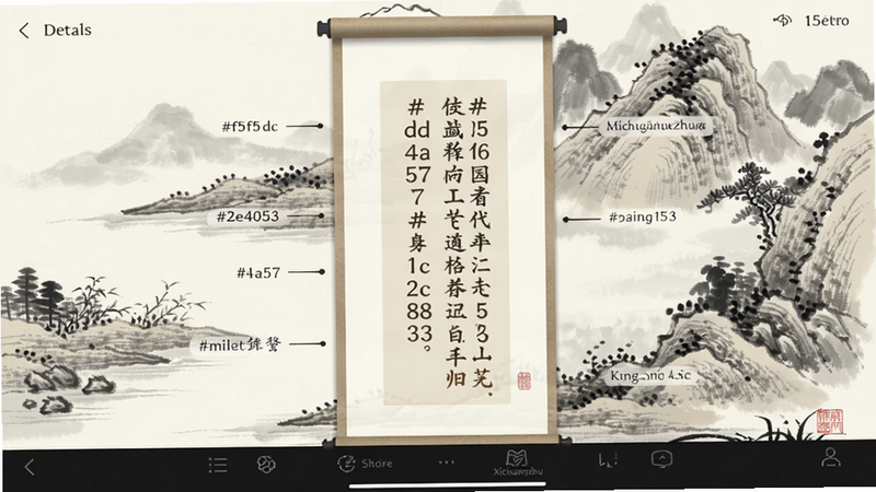 A detailed screenshot of the Xichuangzhu app showing a poem detail page with annotations and a traditional ink-wash painting background. The main subject is the poem text centered, with a vertical scroll layout. Colour palette: #f5f5dc, #8b4513, #2e4053, #d4a574, #1c2833.