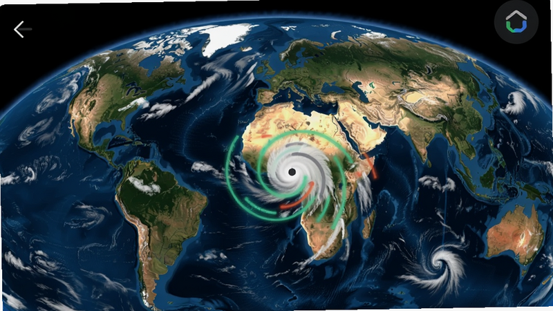 Zoom Earth app interface showing real-time satellite imagery with hurricane tracking overlay on global map. Background: Earth from space with detailed cloud patterns. Colour palette: #0b2a4a, #3b82f6, #22c55e, #ef4444, #fbbf24