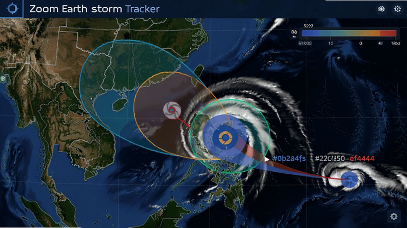 Zoom Earth storm tracker interface showing typhoon path with satellite background. Colour palette: #0b2a4a, #3b82f6, #22c55e, #ef4444, #fbbf24