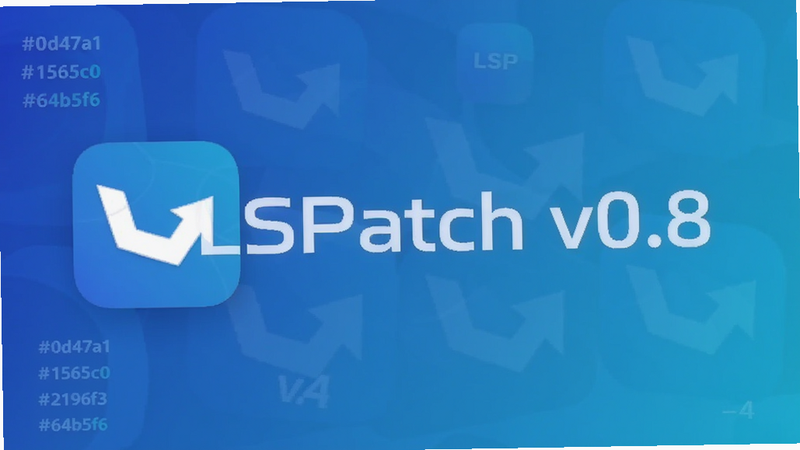 LSPatch免Root框架预览图,画面中心显示LSPatch应用图标和“LSPatch v0.8”字样,背景为深蓝色到浅蓝色渐变,配色方案#0d47a1 #1565c0 #2196f3 #64b5f6,适配ideogram-4模型生成