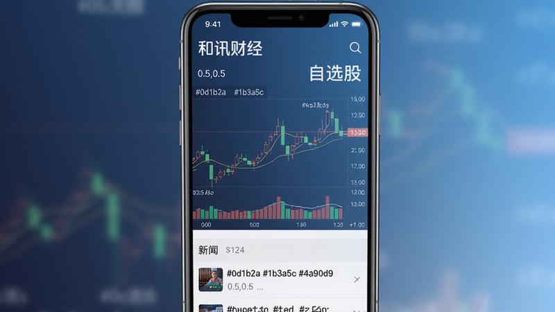 ��Ѷ�ƾ�app�����棬�ֻ���Ļ������ʾ��Ʊ����K��ͼ�������б�������Ϊ������ǳ�����䣬����(0.5,0.5), �ı�Ԫ���С���Ѷ�ƾ���logo������ѡ�ɡ���ǩ������ɫ��#0d1b2a,#1b3a5c,#4a90d9