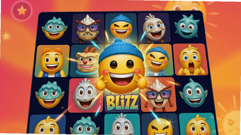 A vibrant scene of Emoji Blitz gameplay with colorful Disney emoji characters on a grid, main subject centered, background with warm gradient colours, colour_palette: #FF6B6B, #4ECDC4, #FFE66D, #1A535C