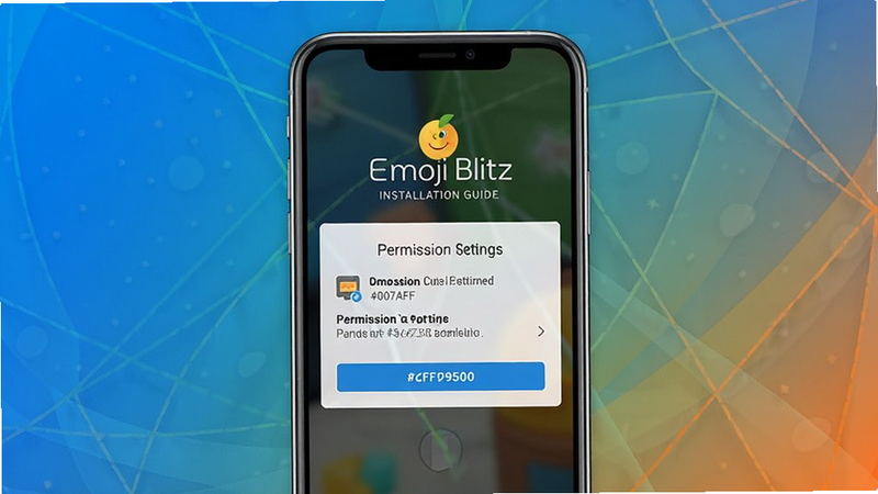 Emoji Blitz installation guide with smartphone screen showing permission settings, centred, background blue gradient, colour_palette: #007AFF, #34C759, #FF9500
