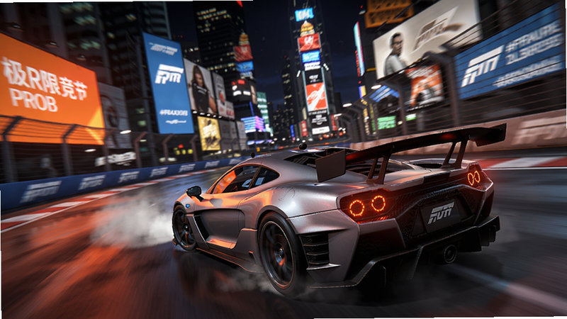 A high-speed racing scene featuring the game ���޾���ר��, with a sleek sports car drifting on a neon-lit city track at night, background has blurred city skyline and glowing billboards, colour_palette (#FF4500, #1E90FF, #FFD700, #2C3E50, #FFFFFF)