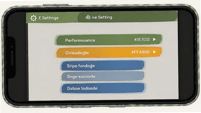 A screenshot of the game settings menu showing performance options, with a mobile phone frame around it, colour_palette: #2E7D32 #1976D2 #FFA000 #F5F5F5, ideogram-4 style.